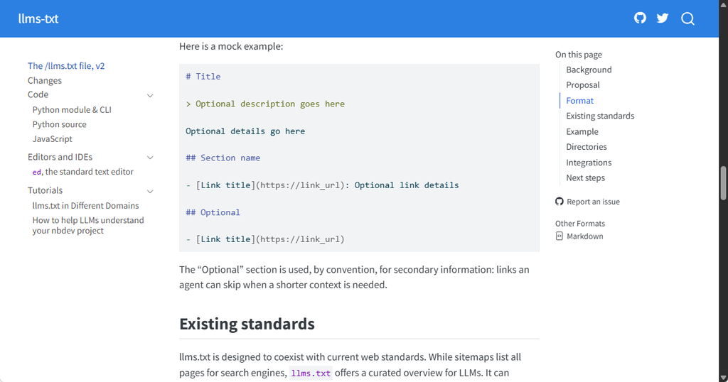 llms.txt の仕様が説明されている llmstxt.org のトップページ